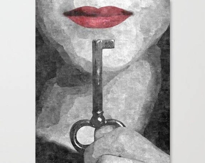 Erotic Art Canvas Print - BDSM love, shhh... unique sexy oil paint style print, Red Lips Girl and key, bondage, sensual high quality artwork