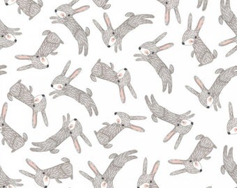 Forest Friends, 3 Wishes, Rabbit, Bunny, Animals, Nature, Outdoor, Woodland, White, Grey, 100% Quilting Cotton Fabric, Choose your Cut