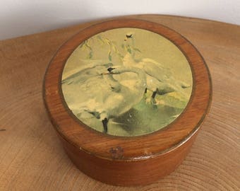 Vintage 50's Wooden, Metal lined Vanity, Powder, Trinket Box - Swan Print, Vernon Ward?