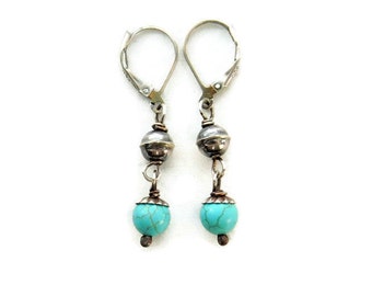 Magnesite Earrings. Sterling Silver. Turquoise Blue Drops. Sterling Bead Dangles. Petite Gemstone Drops. Lightweight Earrings. Southwestern.