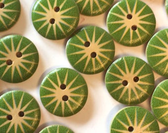 10 green buttons, green wood buttons, 18mm buttons, round wooden buttons, painted wood, green starburst, craft buttons, cardmaking