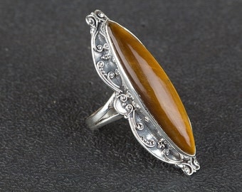 Tiger Eye Ring, Sterling Silver Ring, Boho Jewelry, Nickel Free Silver, Artisan Jewelry, Vintage Ring, Marquise Ring, BJR-343-TI