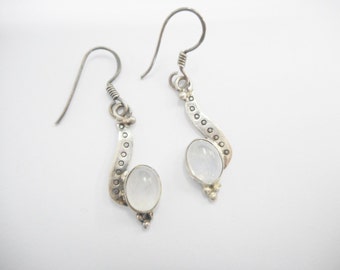 Moonstone Earrings, Moonstone Dangle Earrings, Vintage Sterling Silver Oval Cabochon Moonstone Dangle Earrings #2069