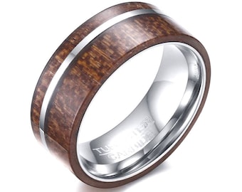 Wood Ring Men Tungsten, Wood Wedding Band, Tungsten Ring For Men, Tungsten Wedding Band, Comfort Fit 8mm Band Width