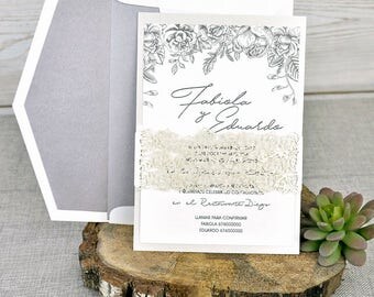 Corte del laser invitaciones de boda invitaciones de boda Floral Boho invitaciones de boda invitaciones de boda románticas invitaciones de papel gris plata
