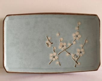Set of 4 Sushi Plates- Light Blue Plates with Cherry Blossom Detail- Asian Stoneware