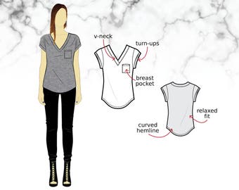 XS-XL Relaxed t-shirt with breast pocket, v-neck and short sleeves with turn-ups (PDF sewing pattern for knits) Kommatia Patterns