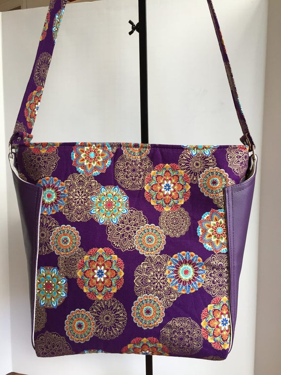 Purple and Gold crossbody shoulder bag Vinyl and Cotton