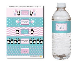 Personalised Printable Panda Water Bottle Labels, Pink and blue water bottle labels, Panda Bottle Labels, Personalized Drinks Bottle Labels