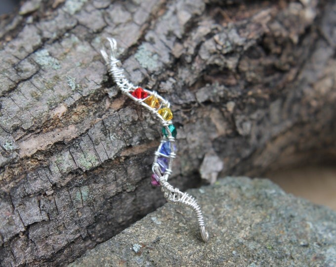 Silver Wire Wrapped Rainbow Chakra Swarovski Crystal Spiral Pendant; BoHo Hippie DNA Necklace, Wedding Gift, Bridesmaid Gift, Gift For Her
