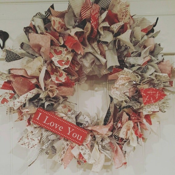 Items similar to LOVE Wood Sign on wreath with over 30 types of Valentine's Day fabrics, Rustic ...