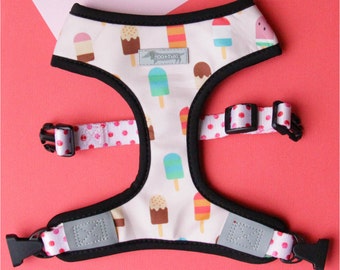 Reversible cute puppy dog harness with ice cream popsicle and dumpling yum cha print. 2-in-1 dog harness! Dumpling chinese food ice cream