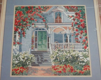 Red Rose Cottage vintage cross stitch kit, Bucilla counted cross stitch from Kooler Design Studio designed by Erin Dertner
