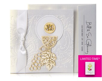 First Communion Invitation #9, FAST SHIPPING, Printed Invitations, 1st Holy Communion, Card, Wood