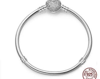 Luxury Pave Heart Clasp Bracelet, 100% Real 925 Sterling Silver, Fits Pandora Large Hole Charms, Snake Chain 3mm Bracelet, DIY Fashion.
