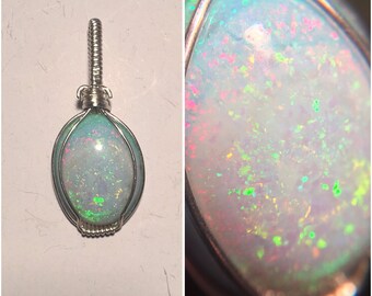 Sterling Silver Wire Wrapped Cultured Opal Pendant, Heady Wire Wrapped Pendant, Wire Wrapped Jewelry, Opal Wire Wrap, Wire Wrapped Opal