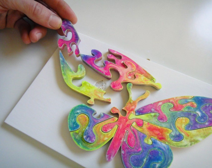 Wooden Puzzle: Rainbow Butterfly Spring, Ready To Hang Handmade Art Healing Smart Toy Family Gift Brain Game Acrylic On Pieces by Samo Svete