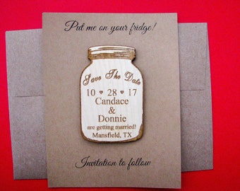 Mason jar save the date magnet set with envelope, rustic wedding, wooden refrigerator magnet, wedding gift, fancy personalized save-the-date