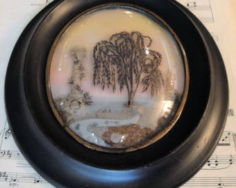 Large Antique French Mourning Hair Art Frame Tomb Weeping Willow River Church c.1880