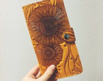 Leather Wallet for Women Sunflowers Woman Leather Wallet Handmade Wallet Large Wallet Cow Leather Travel Case Check Book Cover Gift For Her