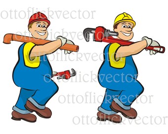 PLUMBER VECTOR CLIPART, plumbing cartoon eps, ai, cdr, png, jpg instant download, smiling plumber, men at work, construction clipart