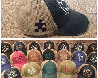 Monogram hat cap with Autism puzzle piece on side, monogram cap, distressed trucker hat, mid-level trucker hat, autism puzzle piece, autism