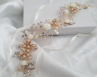 Wedding Hair Vine, Gold Bridal Head Piece, Silver Bridal Hair Accessory, Flower Hair Vine, Pearl Hair Vine