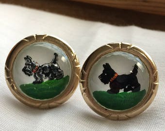 Round Dome Shaped Goldtoneframed Black Terrier Dog Cufflinks