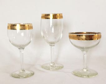 16 Vintage Wine and Champagne Gold Rimmed Glasses