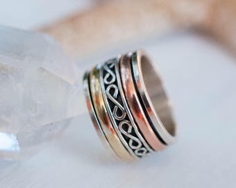 Spinner Ring~Spinning ~Spin ~Meditation ~Yoga~Anxiety ~Anti Stress~Large Band ~Sterling Silver 925 ~Handmade ~Mix Metals~Copper~Bronze MS015