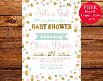 Baby Shower Invitation, Pink, Mint and Gold Baby Shower Invitation, Gold Glitter polk dots Invitation, Girl Baby Invitation 095