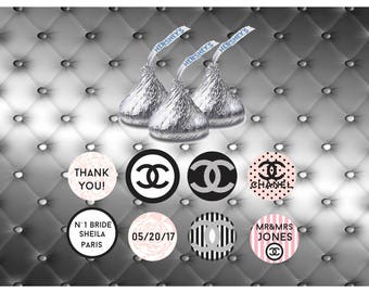 personalized hershey's kisses chanel, coco chanel hershey's kisses, custom hershey's kisse stickers, chanel kisses favor labels
