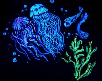 Hoodie underwater S, black light UV blacklight Goa psy