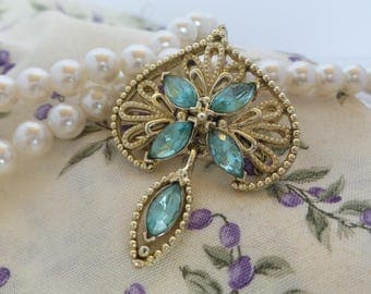 Vintage Gold Tone Brooch with Aqua Blue Rhinestones