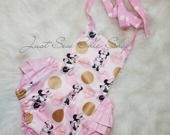 Vintage Baby Romper~Minnie Mouse Romper~Pink and Gold Rompers~First Birthday Romper