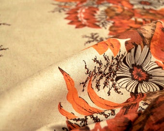 Raw linen, Printed pure linen fabric, floral printed fabric, beige, tan, brown, orange, red