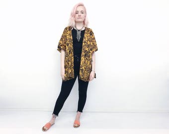 Festival kimono indian handprinted cotton tropical leaf pattern yellow boho hippie clothing jacket kaftan summer