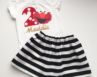 Boutique... ELMO Birthday outfit... Sesame street inspired..black and white striped skirt...Your child's name in gold and Birthday NUMBER
