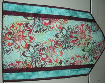 Teal and burgundy batik tablerunner