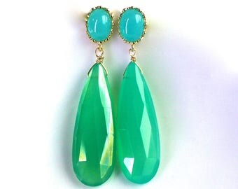 Australian Chrysoprase Long Specimen Grade Drop Earrings with Blue Quartz Post Backs....