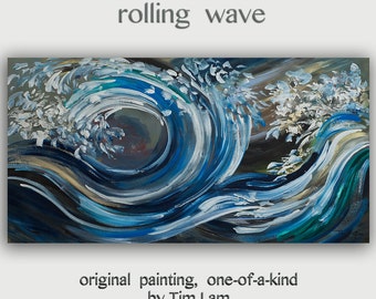 Landscape painting Rolling wave sea art Original large Turquoise seascape abstract painting acrylic painting by Tim Lam 48x24