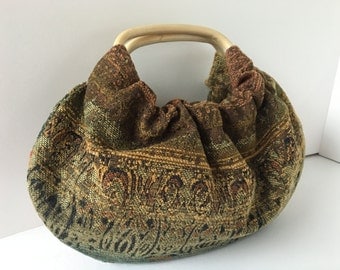 Small Boho Hobo Purse - Handmade Handbag Tiny Ombre Upholstery with Rattan Handles