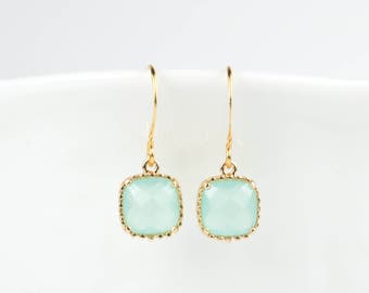 Mint Gold Earrings, Mint Green Gold Square Earrings, Green Gold Earrings, Bridesmaid Earrings, Bridesmaid Gift, Wedding Jewelry