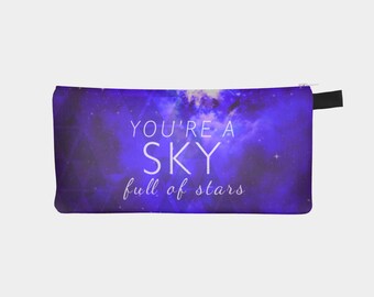 galaxy and stars carry-all pouch- coin purse- small purse- quote- song lyrics- purple and white- typography- pencil case- night sky