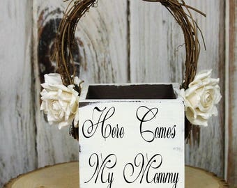 Flower Girl Basket, Here Comes My Mommy Wedding Decor, Rustic Wedding, Shabby Chic Wedding Basket, White-Barn-Paper Flowers