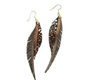 Leather Feather Earrings - grey and sparkly bronze