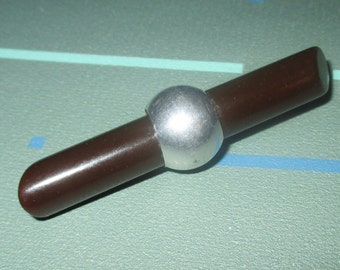 Vintage Art Deco Chocolate Brown Bakelite and Silver Ball Pin Brooch