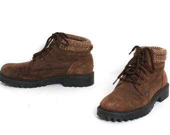size 6.5 GRUNGE brown leather 80s 90s SWEATER CUFF lace up ankle boots