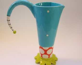 Adorable ceramic pitcher or vase :) turquoise, orange & chartreuse whimsical polka dots whimsical handle