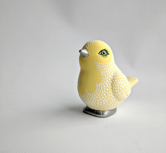yellow and White Hand painted ceramic Bird painted bird spring birdies